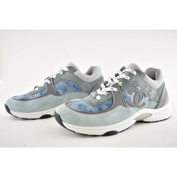 Chanel 20S Mens Grey Blue Silver White CC Logo Low Top Trainer Sneaker 44 11 - Picture 10 of 12